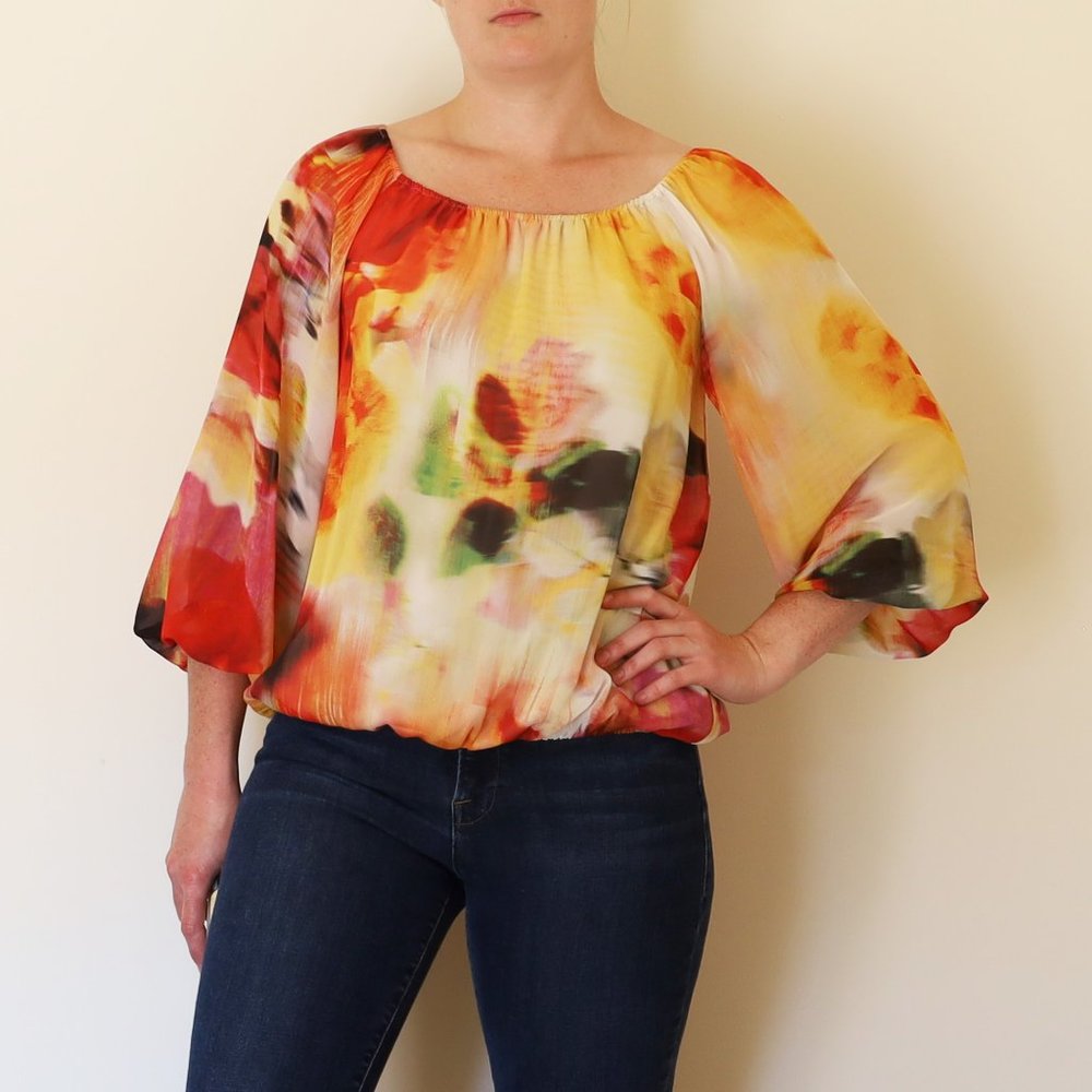 Alice and Olivia Flame Colored Abstract Print Balloon Sleeve Blouse